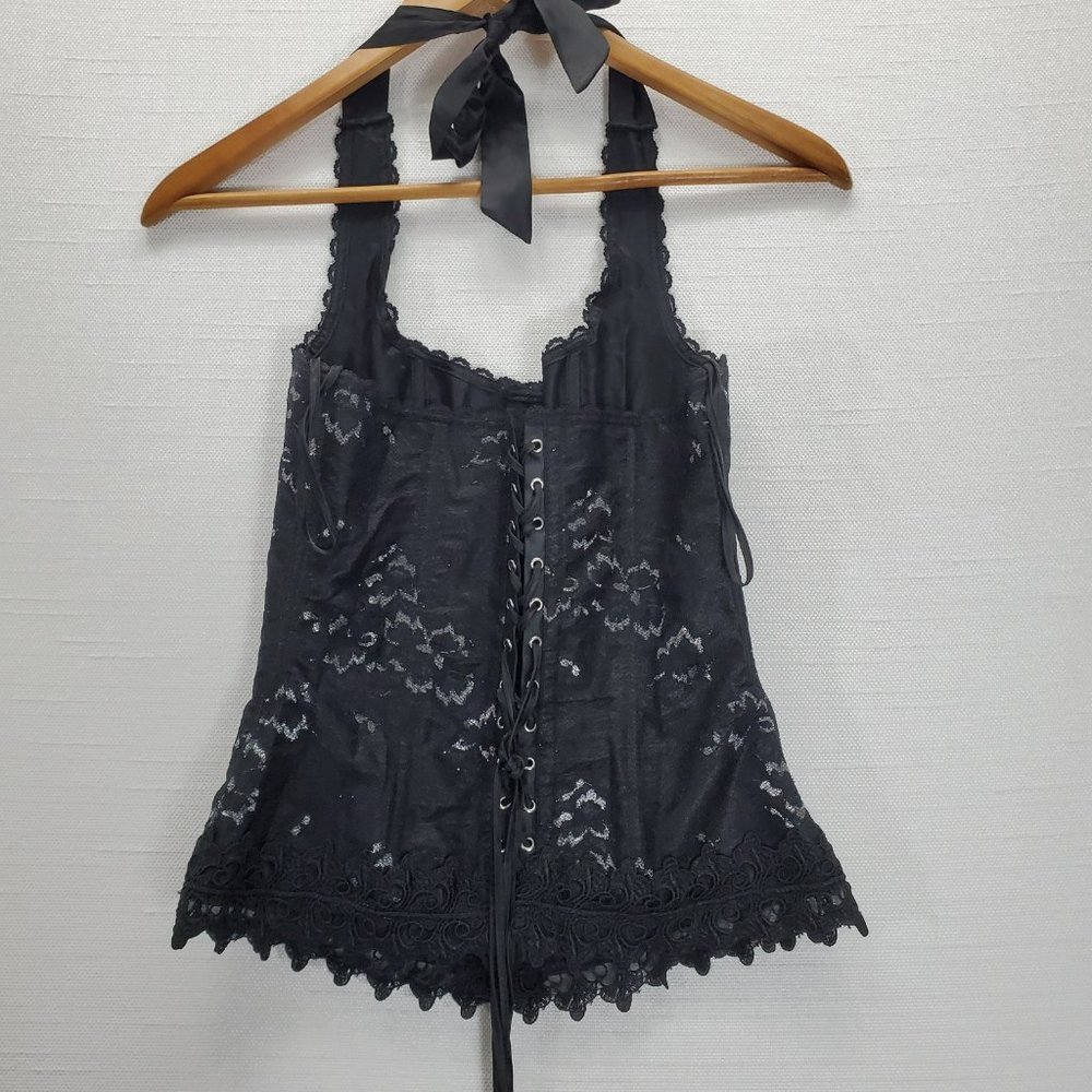 Frederick’s of Hollywood Black/Silver Shimmer Lace Up Corset 34 Bustier Halter - Picture 6 of 10